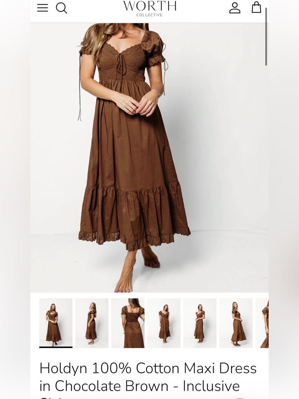 Holdyn Brown Cotton Maxi Dress with Smocked Bodice